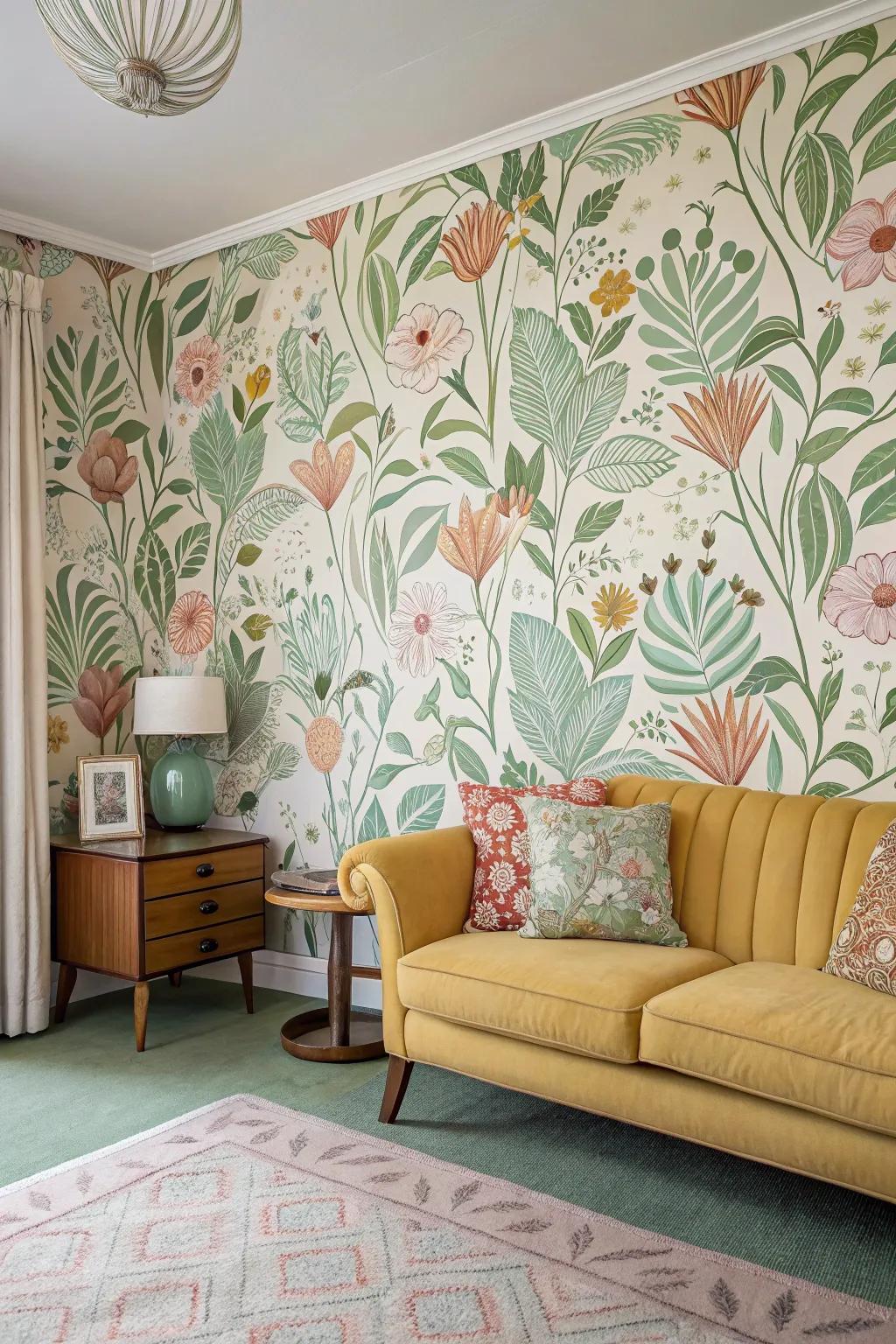 Mid-century space enhanced with wall covering displaying naturalistic and botanical themes.