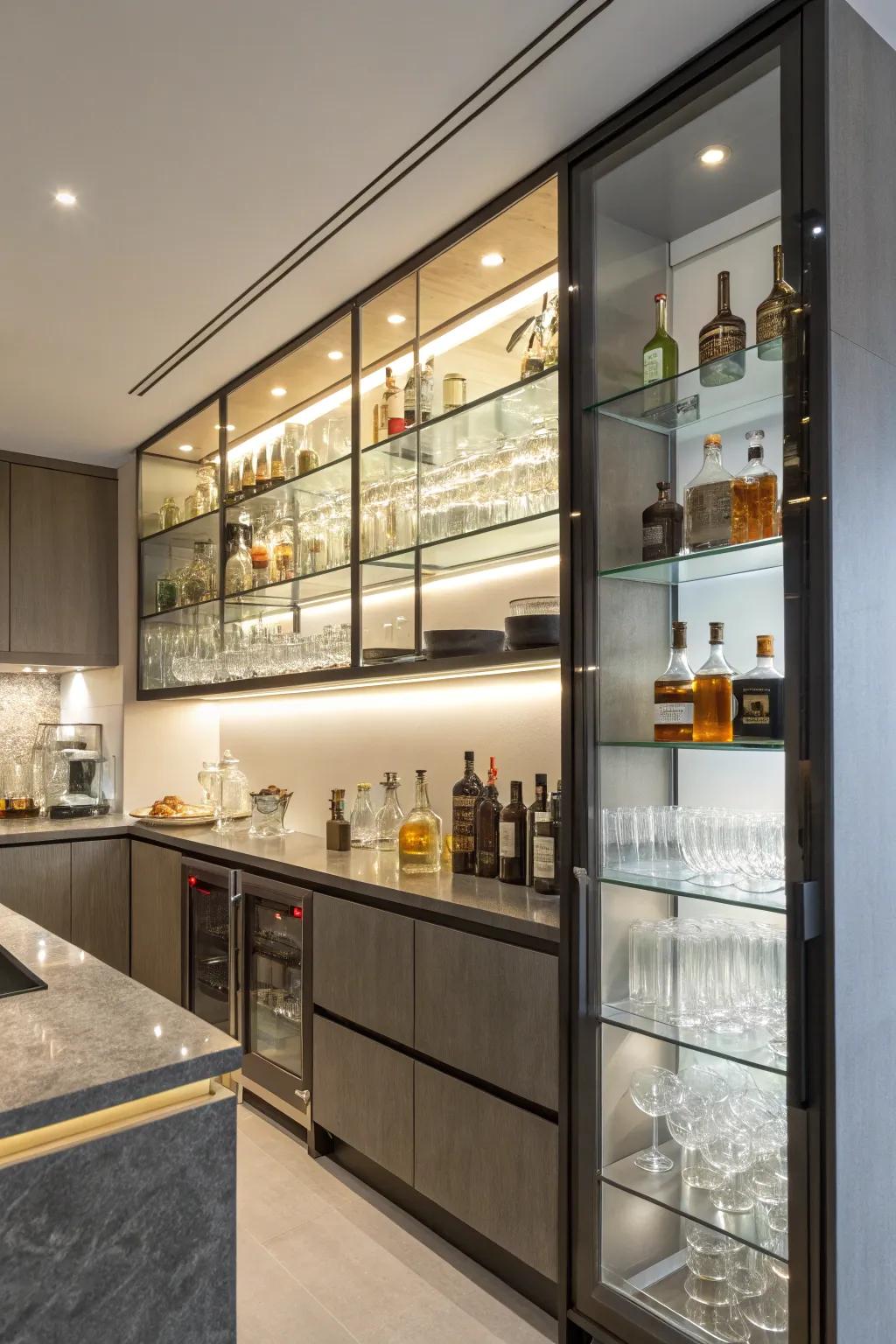 Open shelving elegantly displays glassware and spirits, combining aesthetic and practicality.