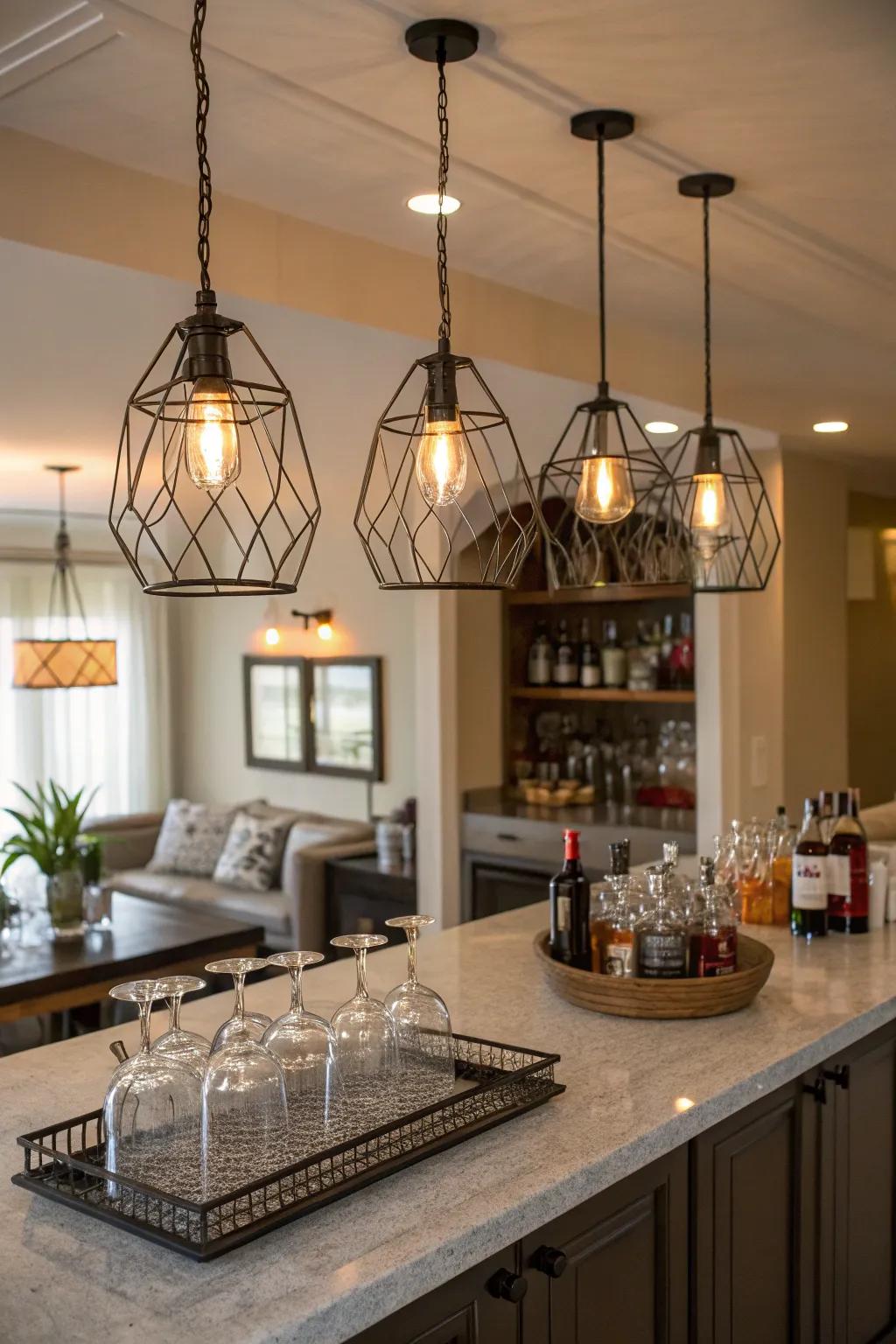 Sophisticated hanging lights boost the home bar's style.