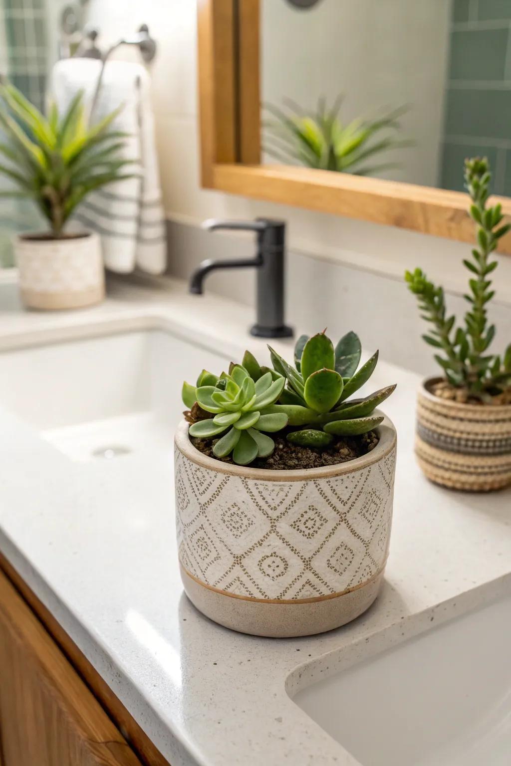 A simple succulent brings a revitalizing touch of nature to the bathroom setting.