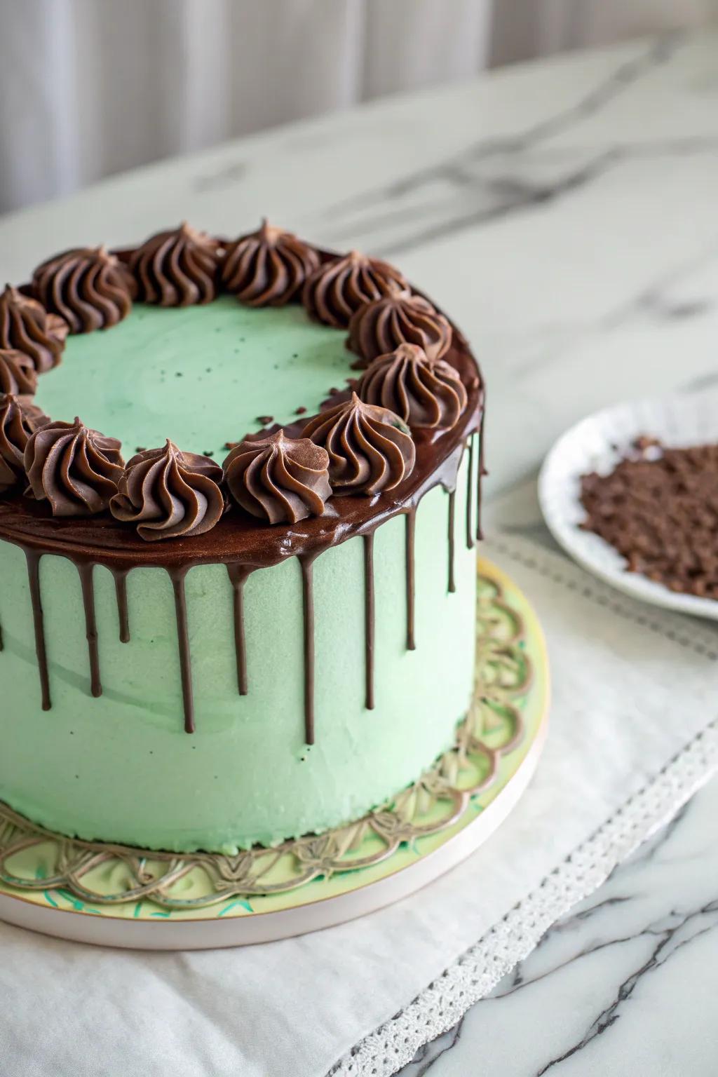 A seafoam confection featuring a chic fudge trickle aesthetic.