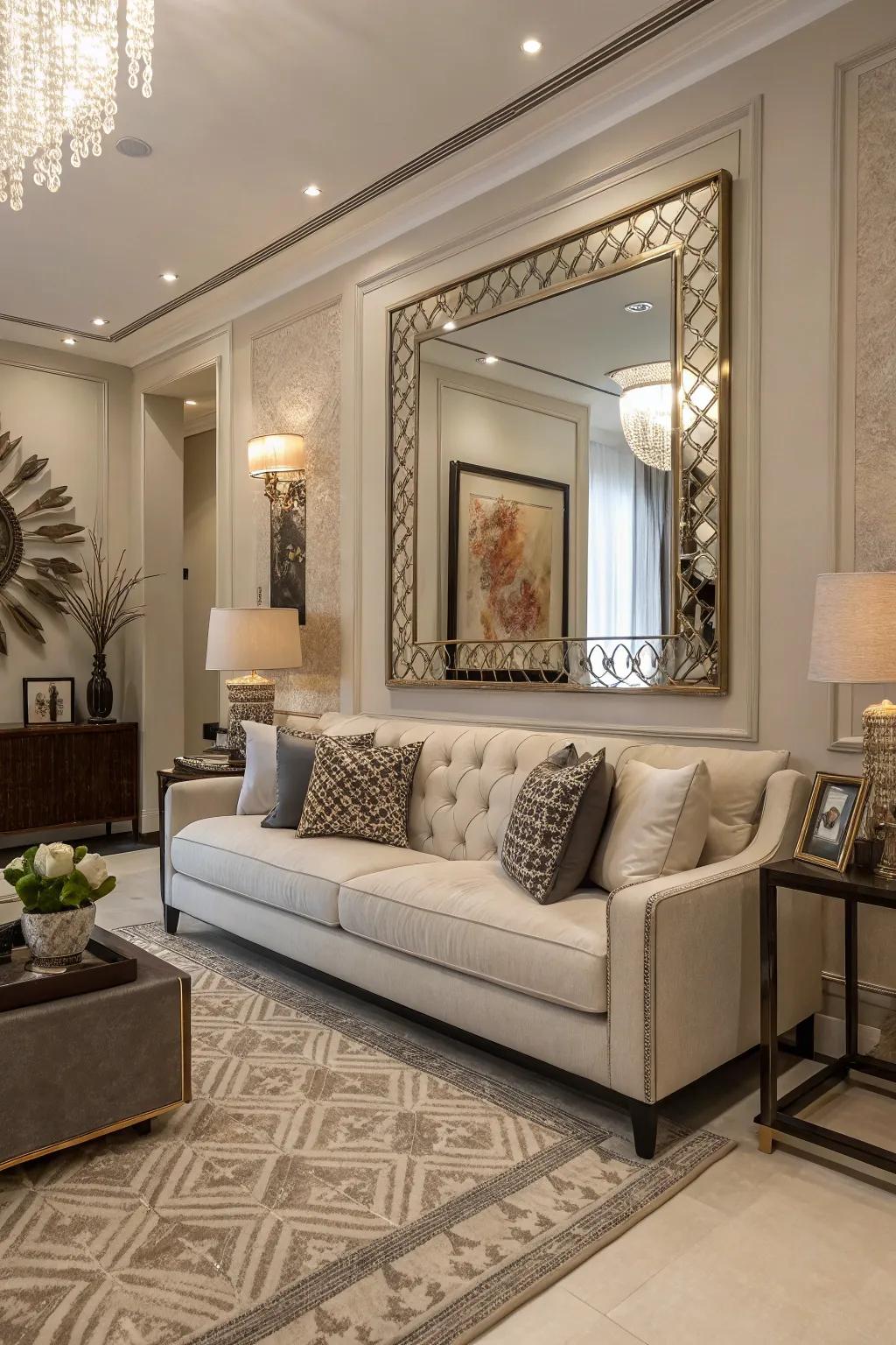 Enhance your space with a mirror above the sofa.