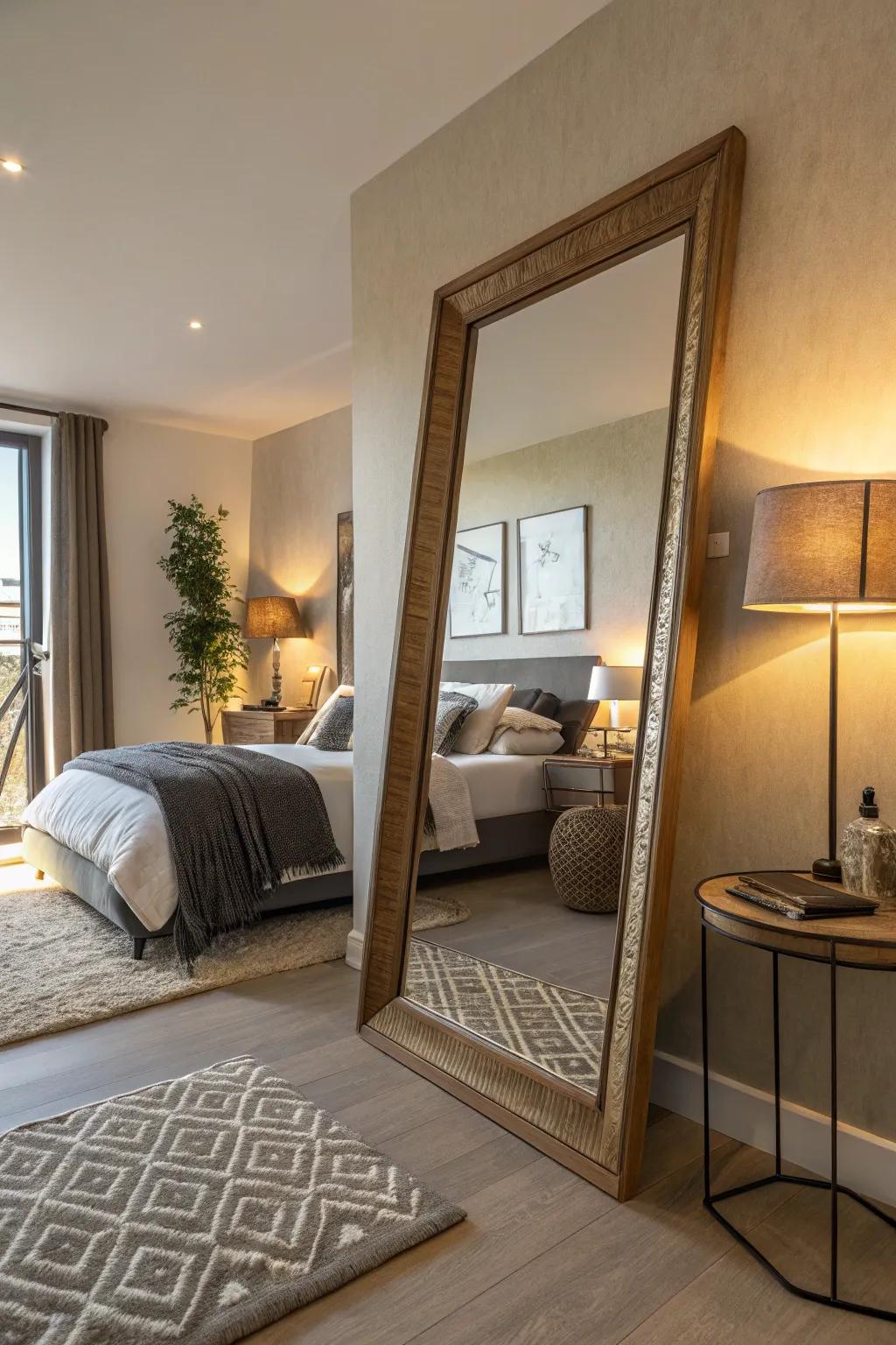 A grand leaning reflector introduces a strong statement in any personal space.
