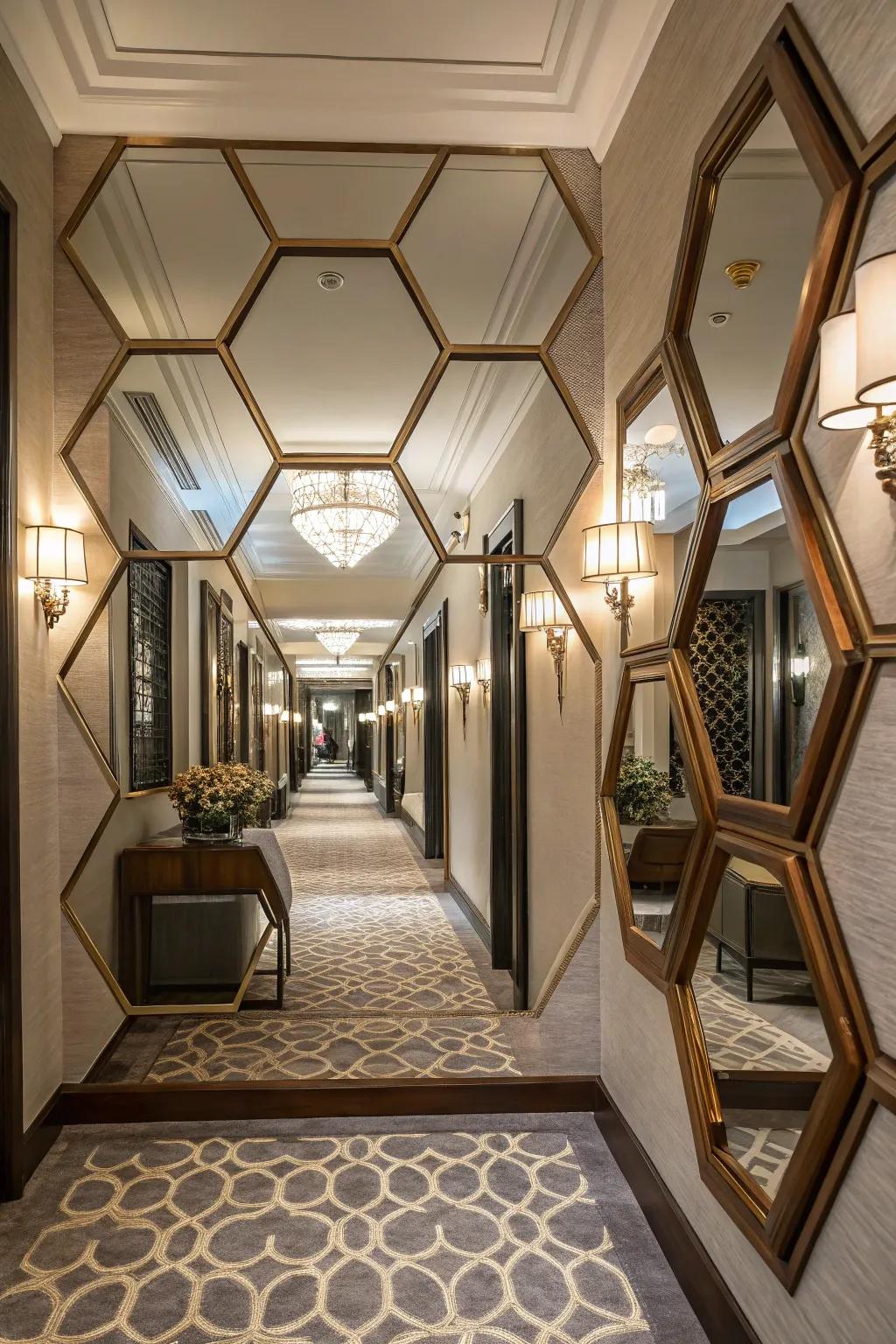 Geometric mirror arrangements add a modern flair.