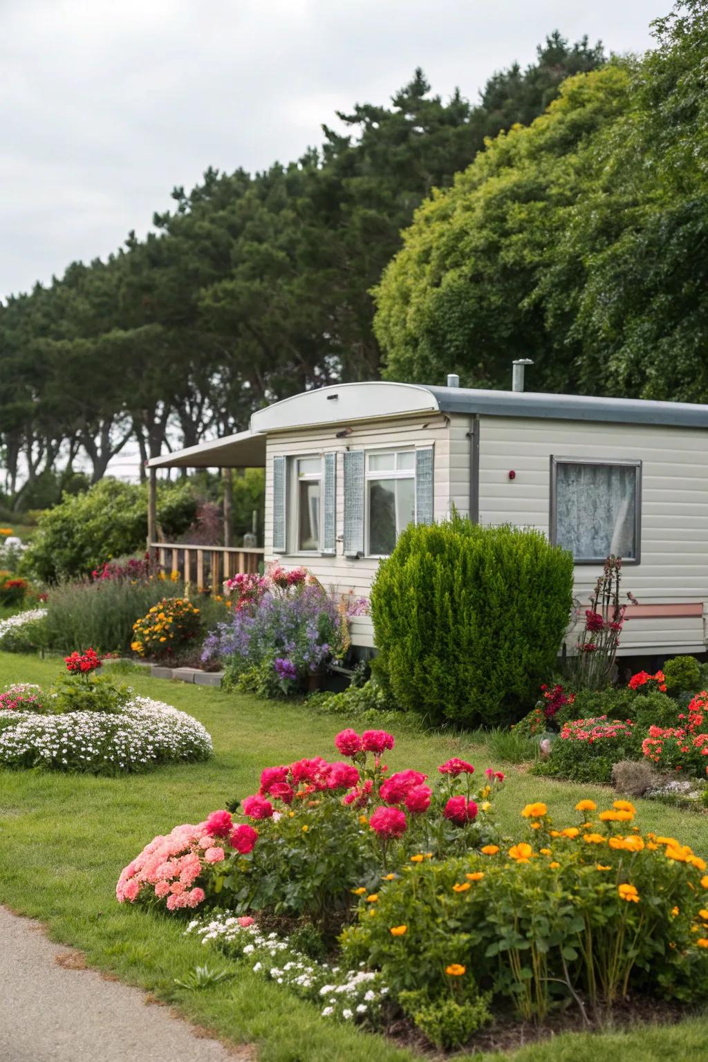 A manufactured home highlighted by lively flower beds and abundant plant life.