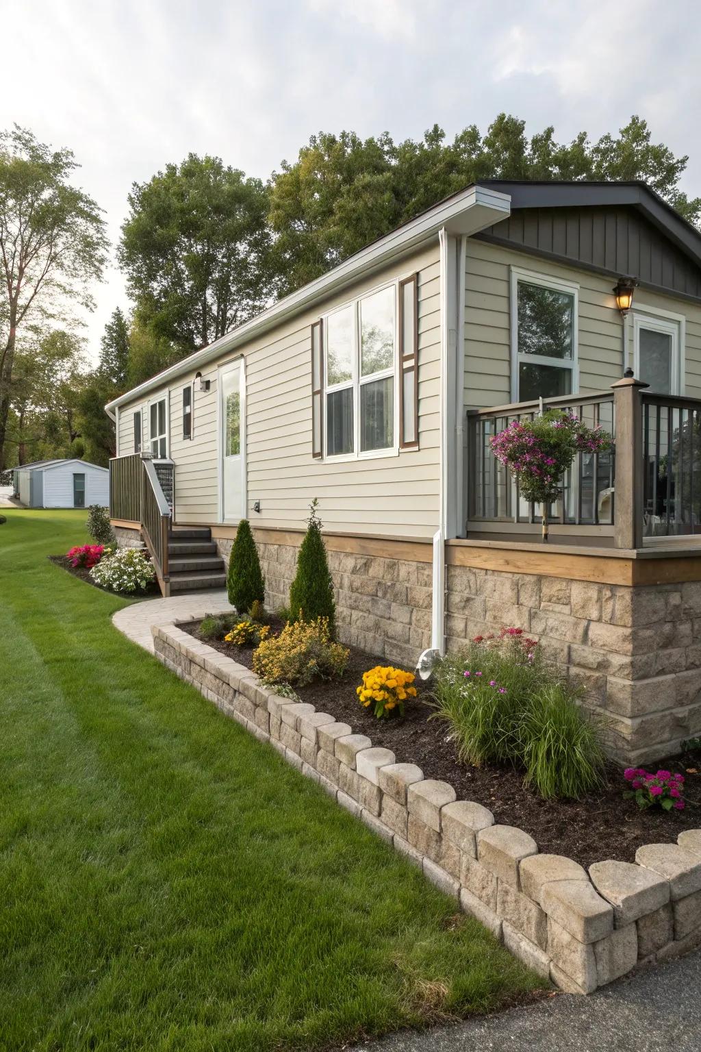 Stone skirting brings a contemporary element to the outside of this mobile home.