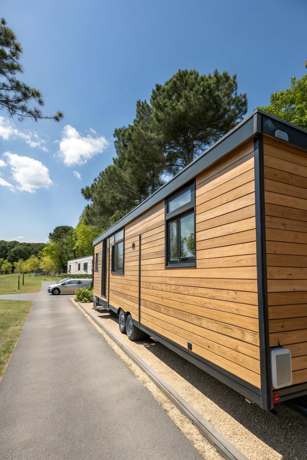 Flat timber panels bestow a modern impression on mobile home baseboards.