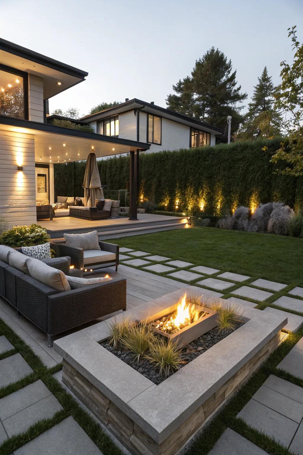Heat up your evenings with an elegant hearth pit as a point of focus.