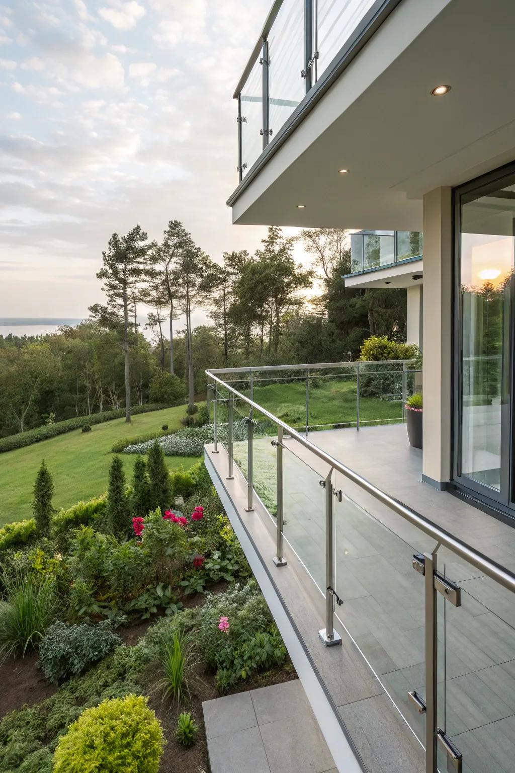 Balcony displaying an integration of crystal and metal railings, set against a lush garden backdrop