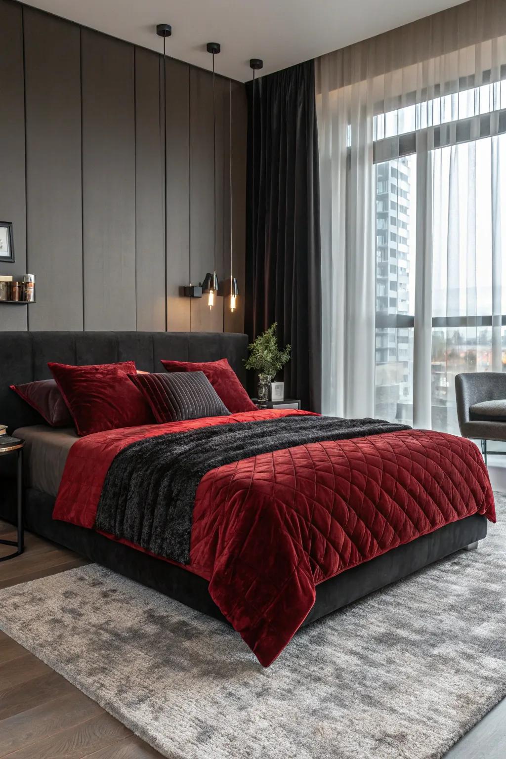 Velvet bedding gives a lavish vibe to the black and scarlet design.