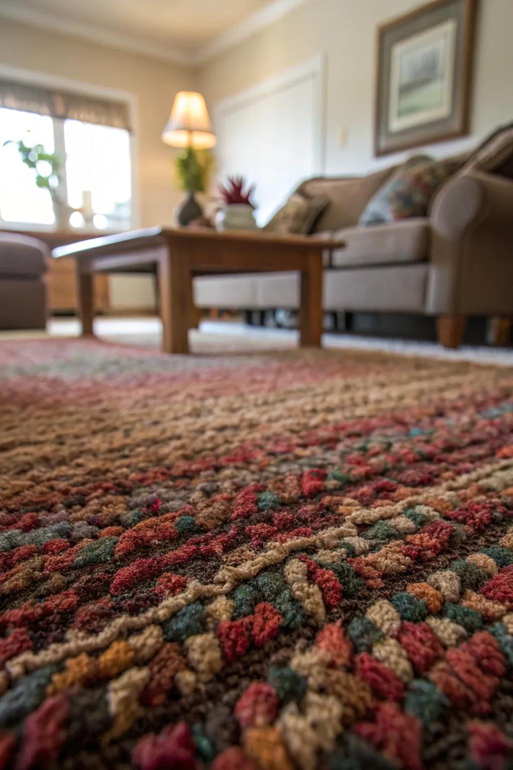 A close-up showing a carpet with texture adding comfort to a cozy lounge area