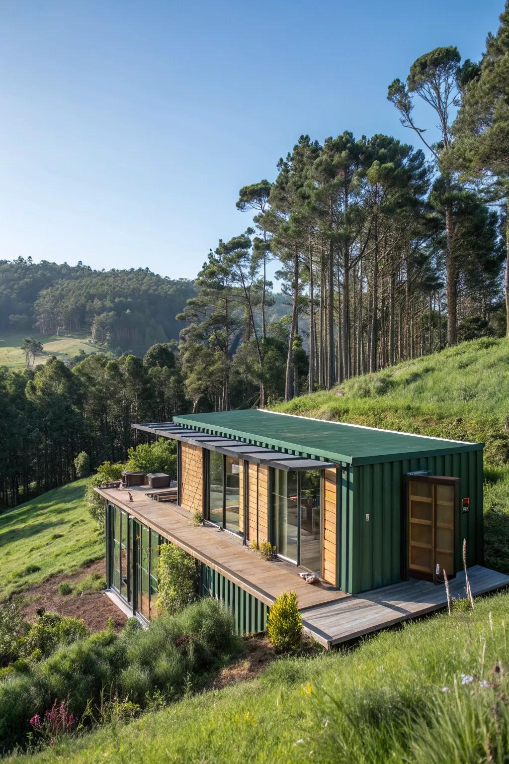 A sustainable container home with a lush green roof blending into the environment.