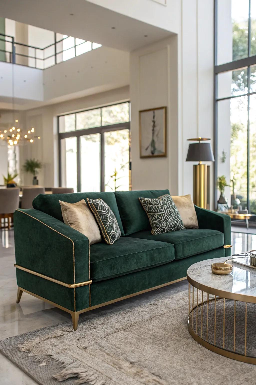 An emerald plush settee enhances your living space with richness and appeal.