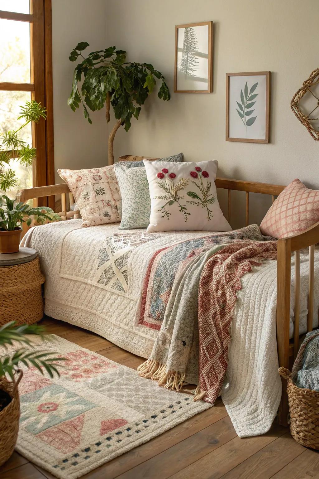 Using layered textures on a daybed results in an inviting, cozy ambiance.