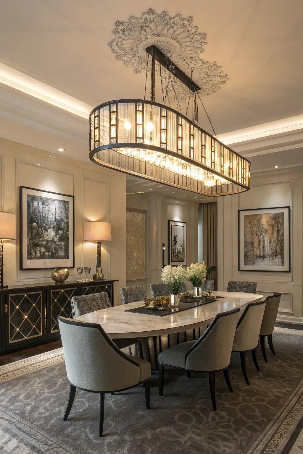 Statement lighting has the power to elevate the entire dining ambiance.