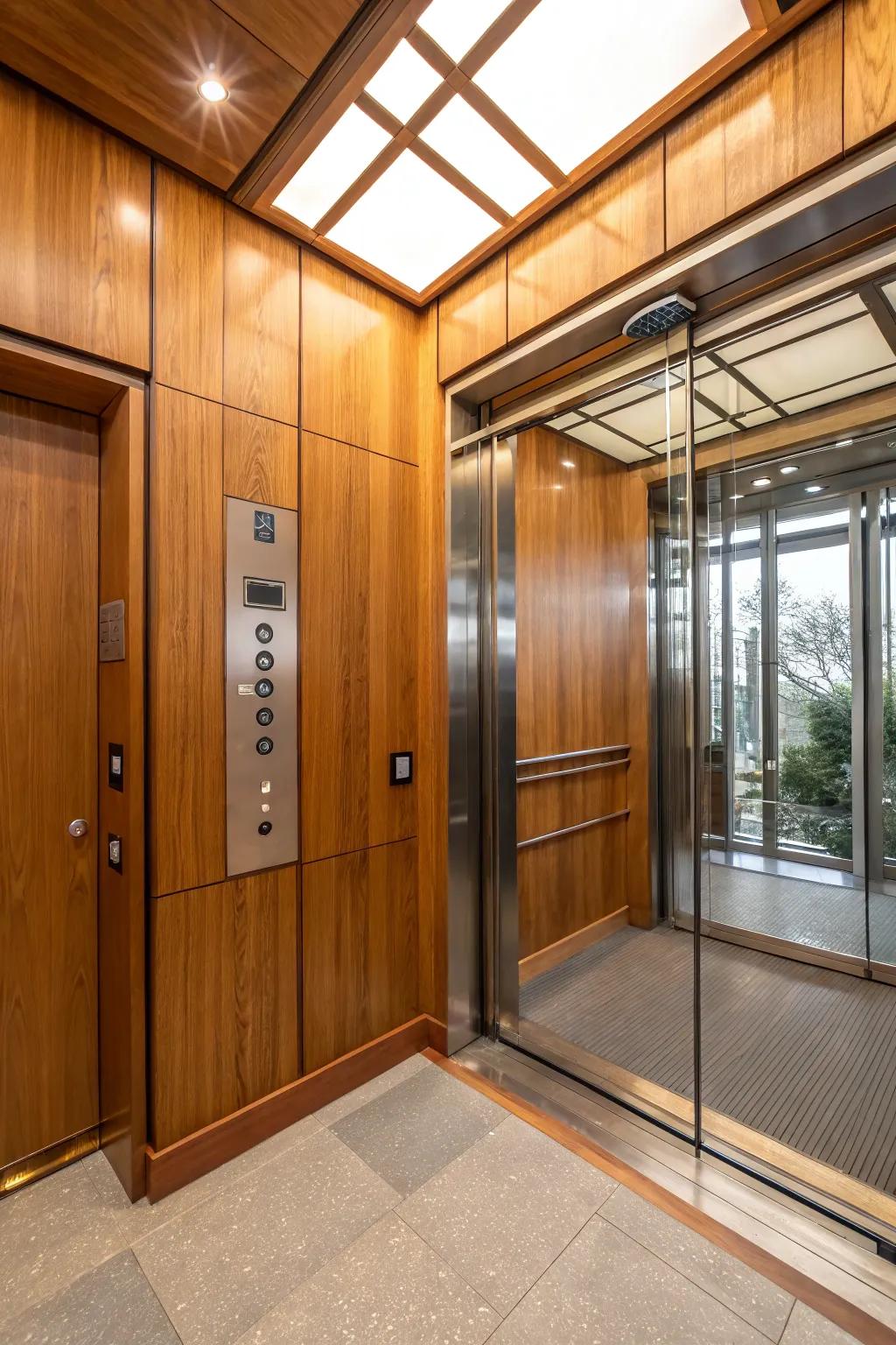 An elevator interior presenting warm timber overlay and glass components for a balanced visual.
