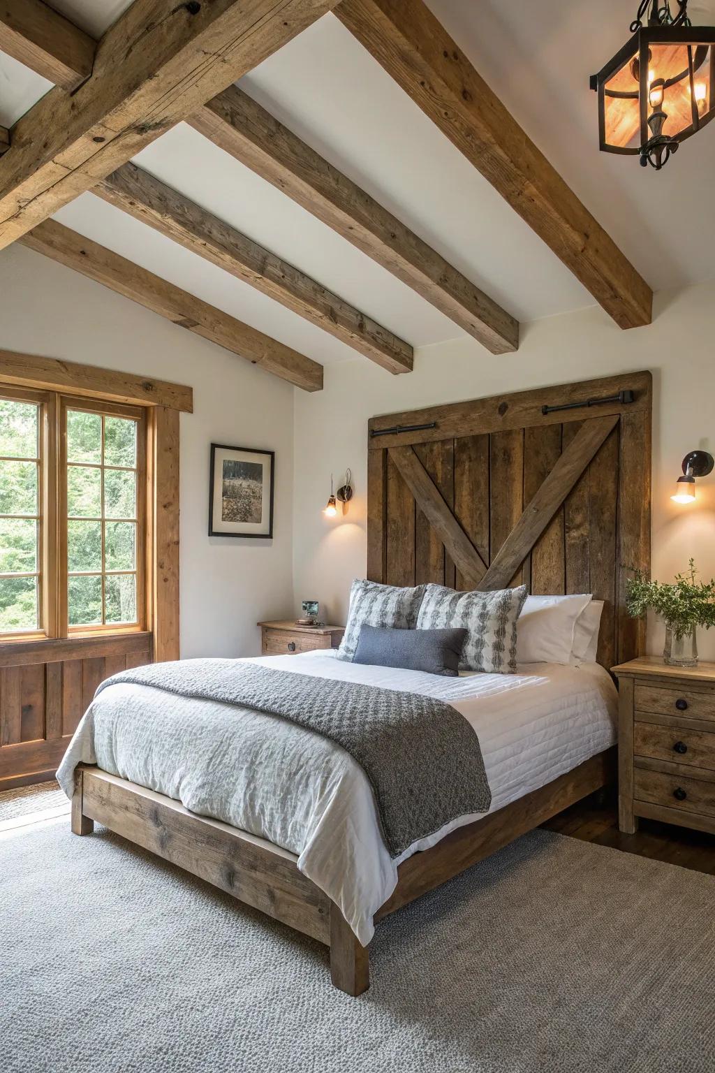 Raw timber accents elevate the rustic charm of this guest bedroom.
