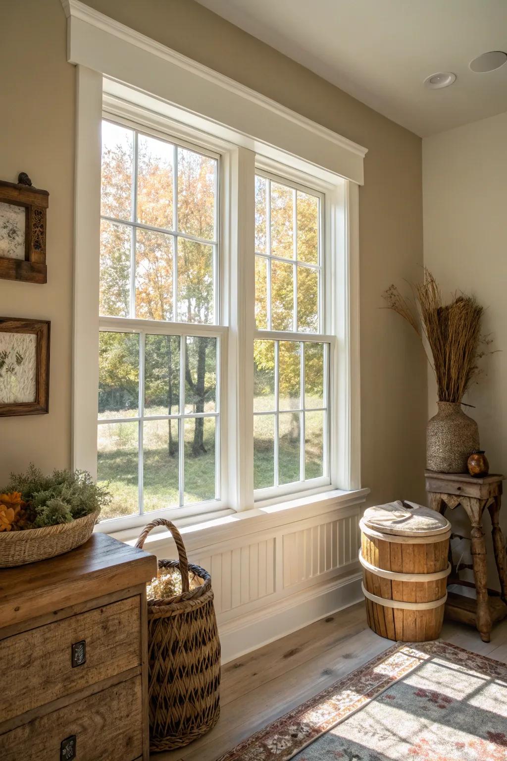 White window outlining brightening a contemporary farmhouse room.
