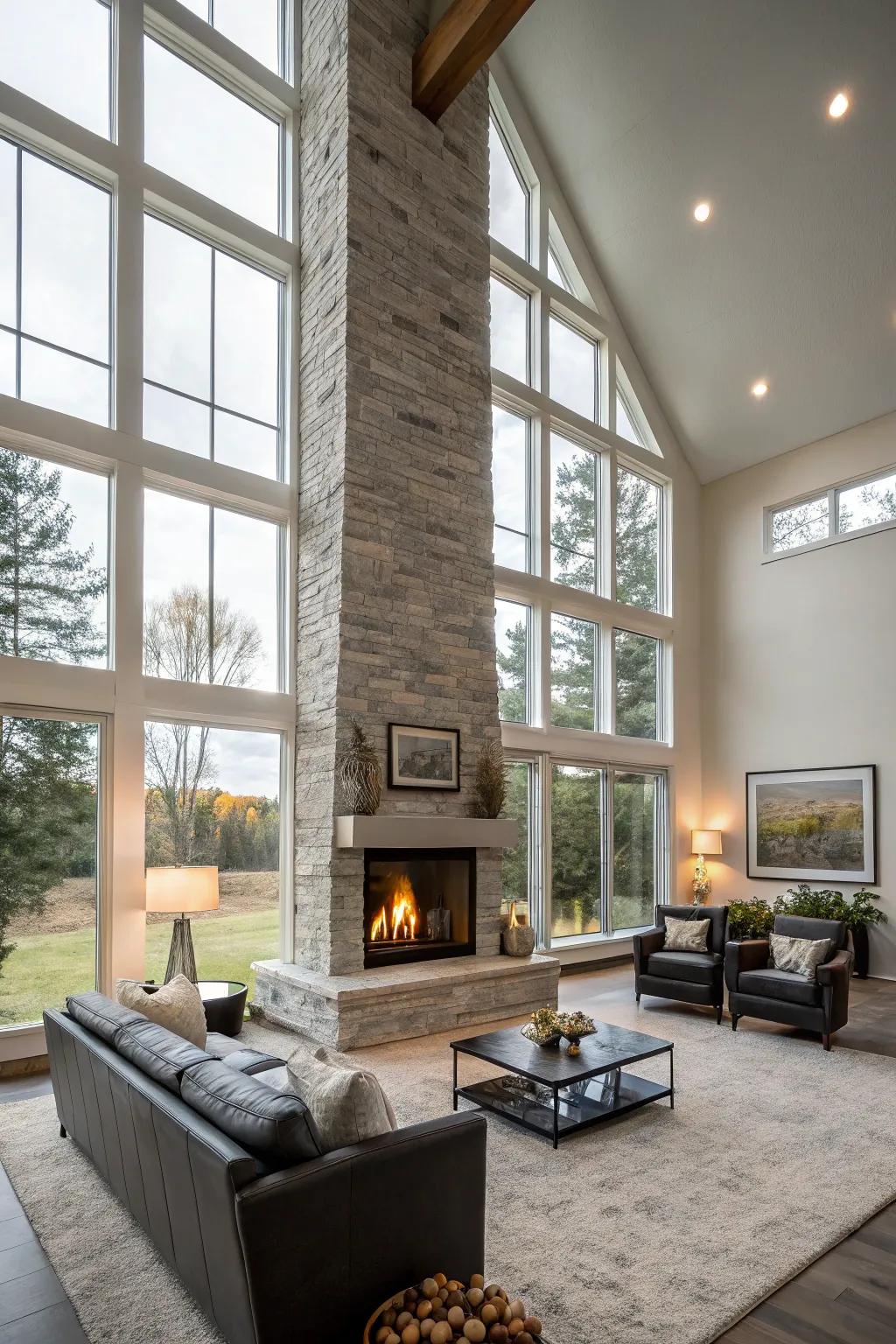 A fireplace from floor to ceiling brings a dramatic touch to a modern living space.