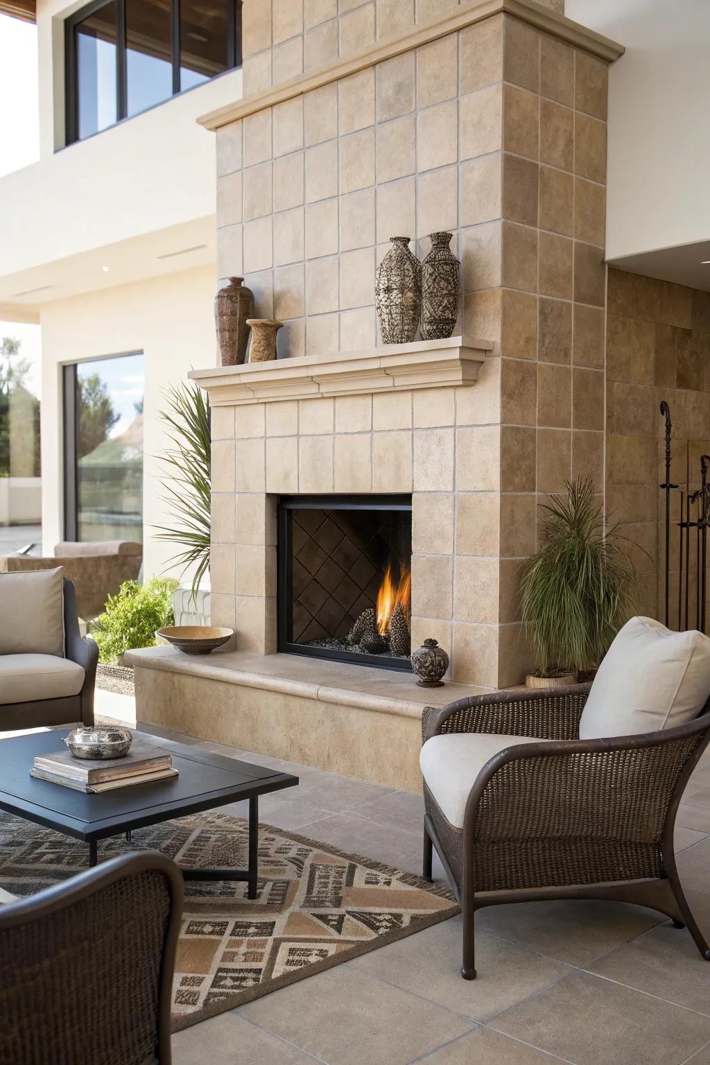 Fireplace featuring soft-toned tiles within a modern environment.