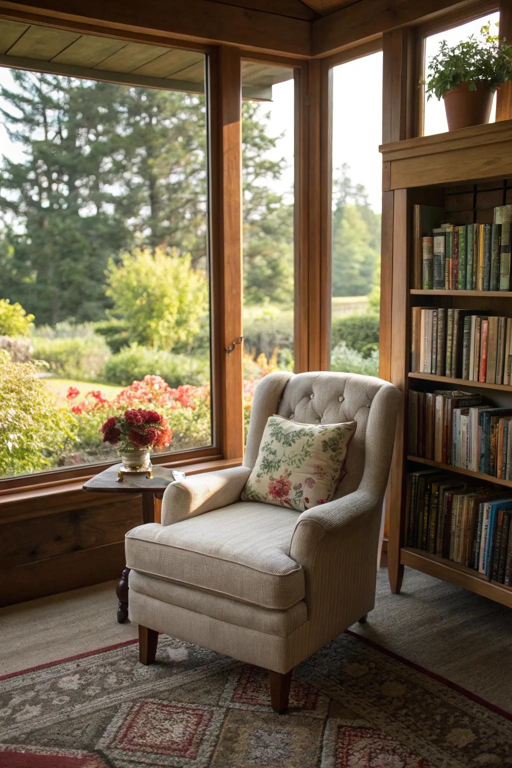A quaint reading corner immersed in natural light, ideal for unwinding with an engaging book.