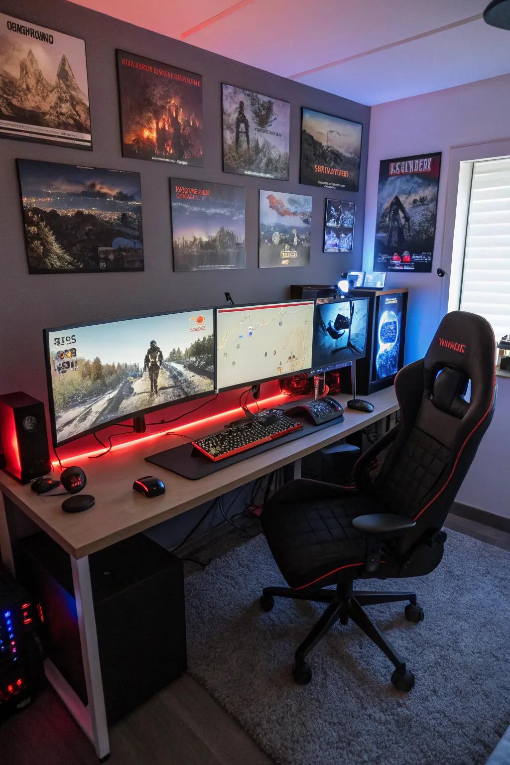 A gaming bedroom showcasing a multiple-display arrangement and ergonomic workstation.