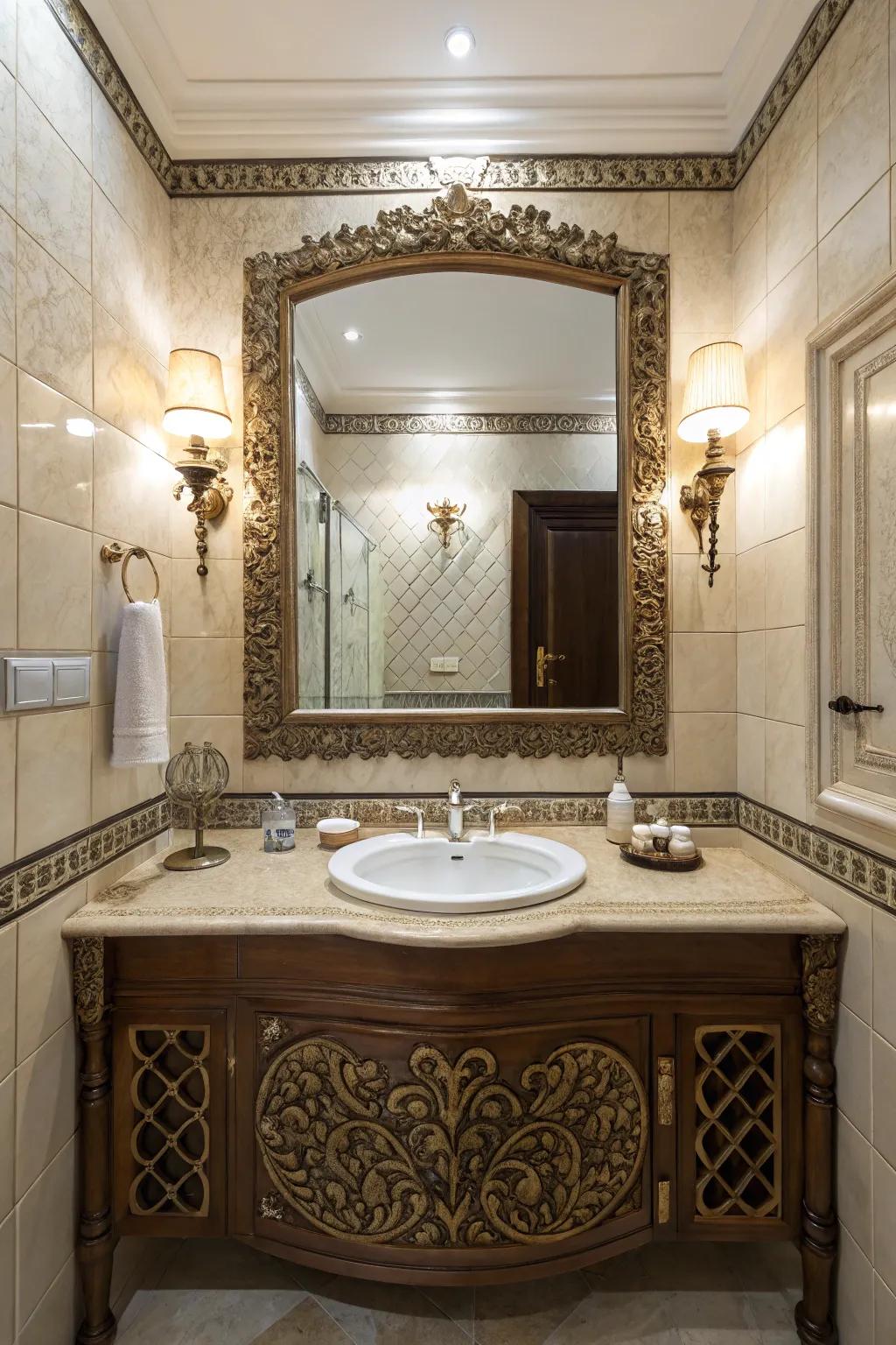 A bathroom displaying a large-format, fancy mirror that infuses persona and profundity.