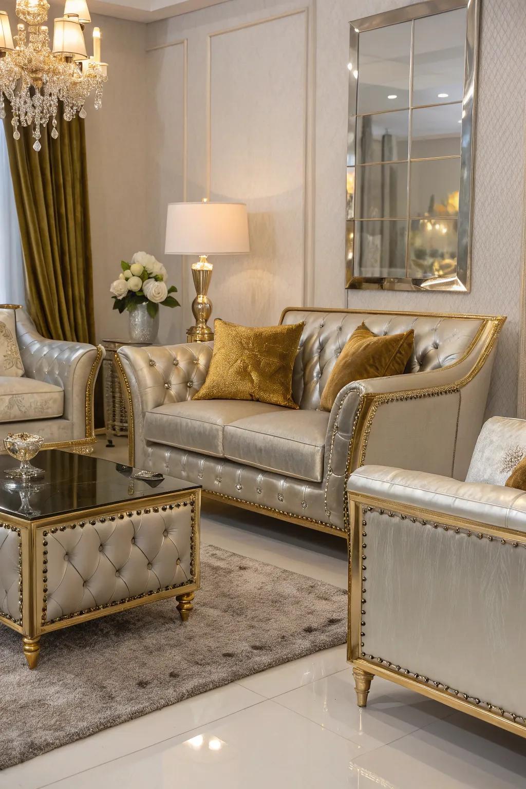 Seating with a metallic element introduces a hint of opulence to this contemporary living room.