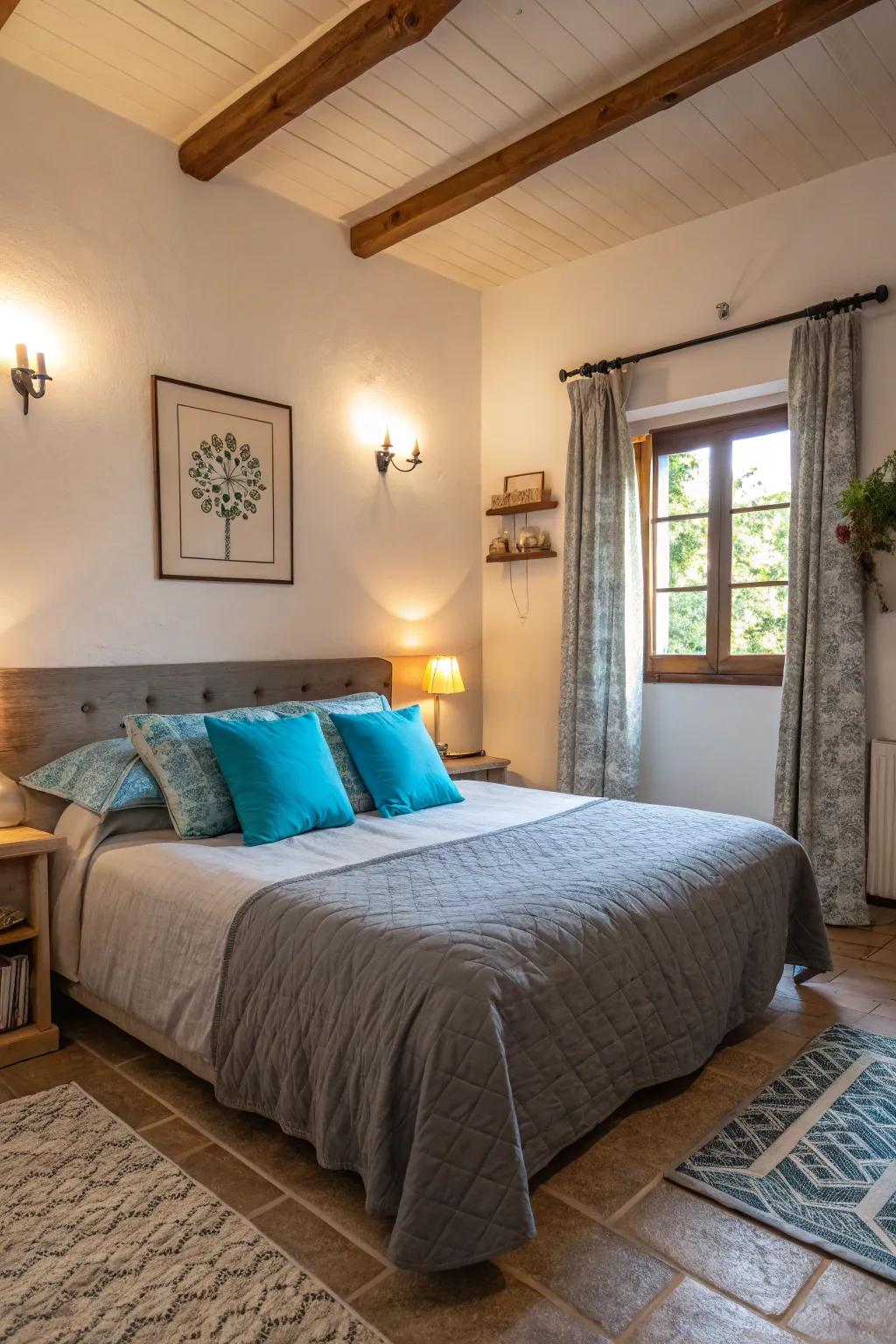 Infuse a burst of color into your bedroom via vibrant azure cushions against ash bedding.