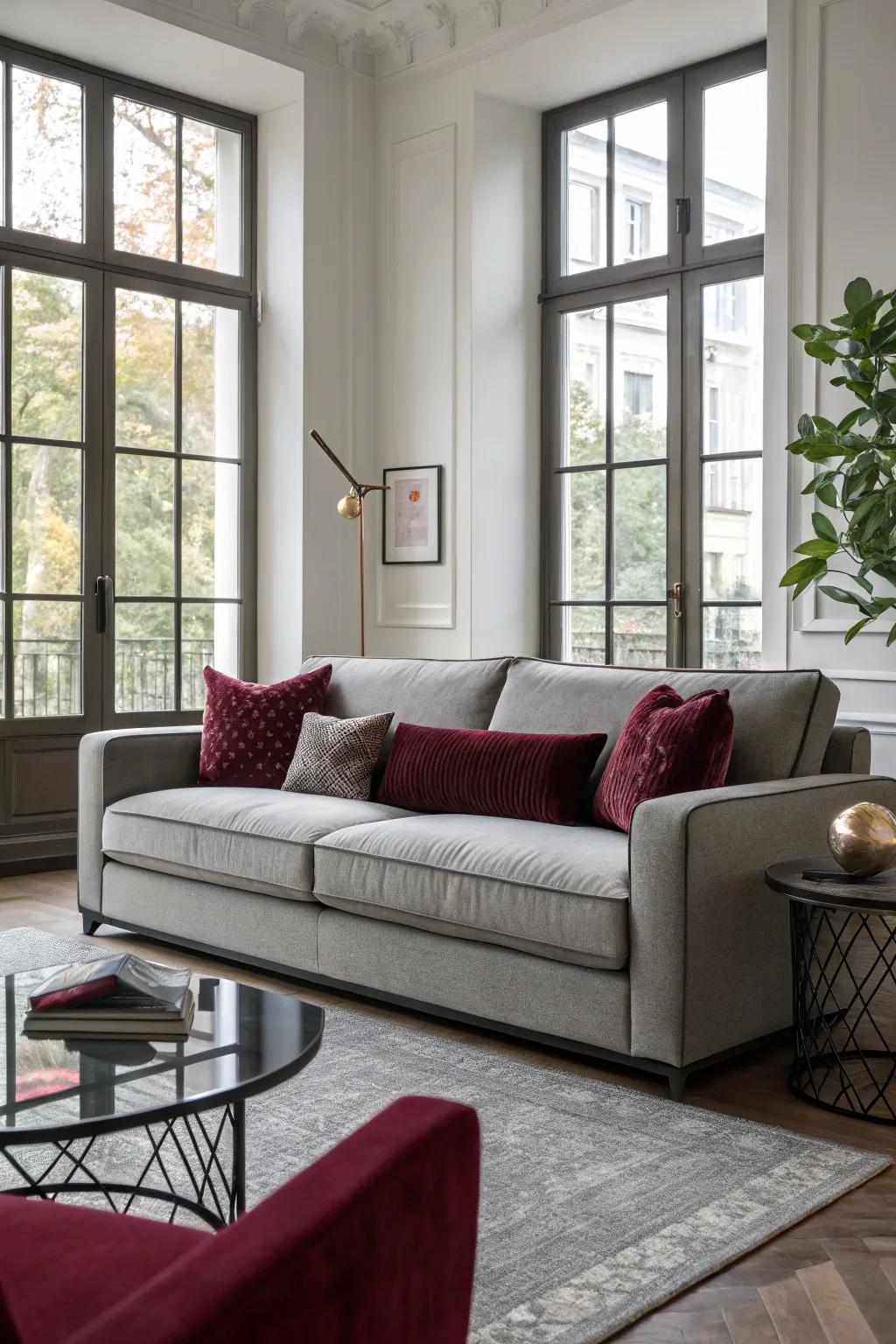 Chic slate seating highlighted by wine cushions in an elegant living area.