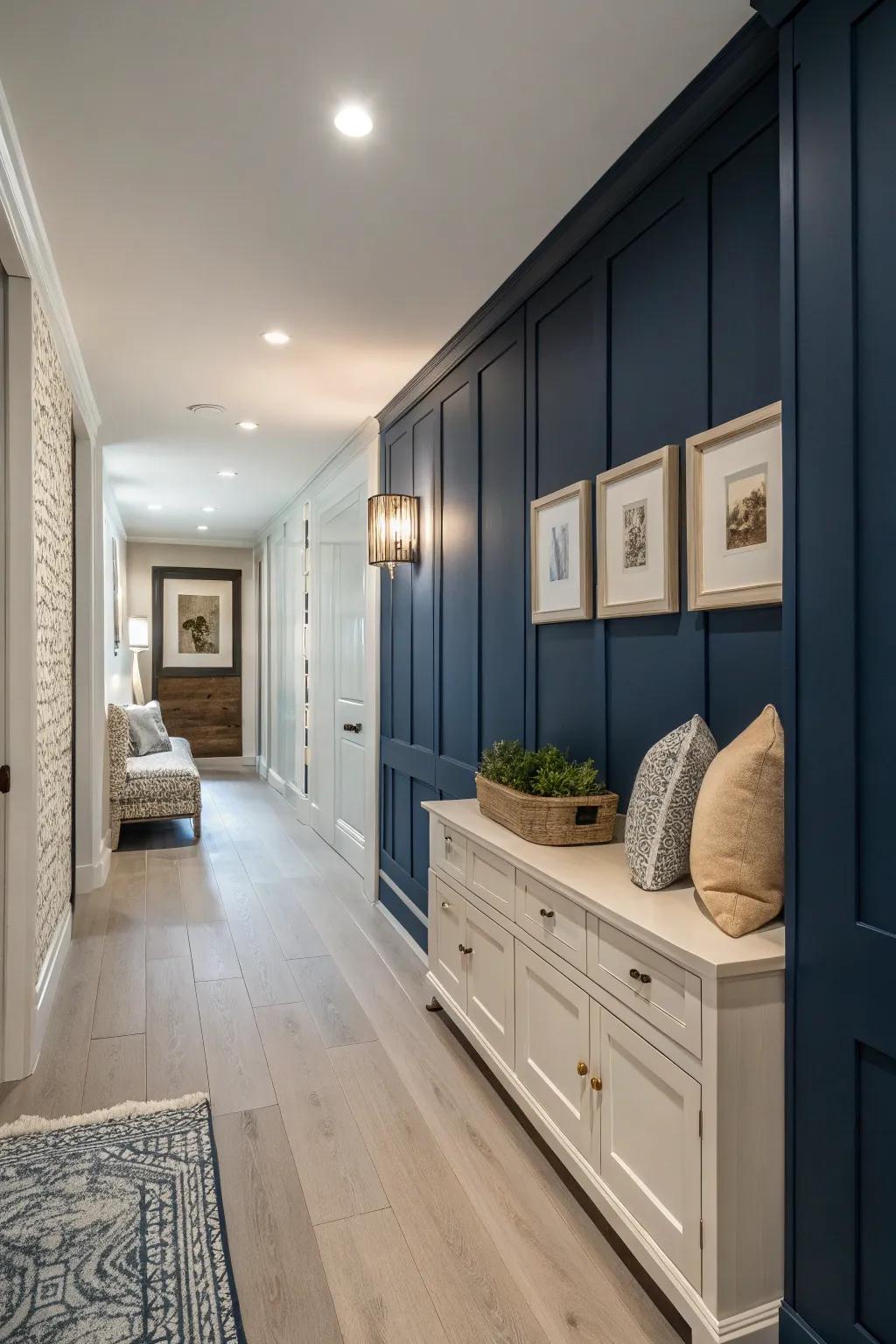 A striking navy feature wall introduces depth and fascination.