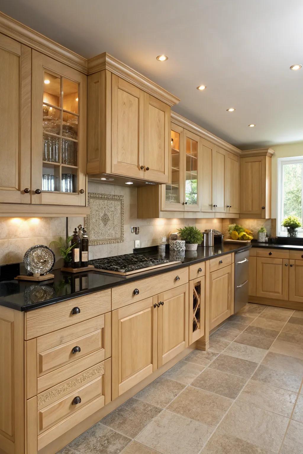 The high contrast between dark countertops and cream-colored pecan wood cabinets delivers a visually striking effect.