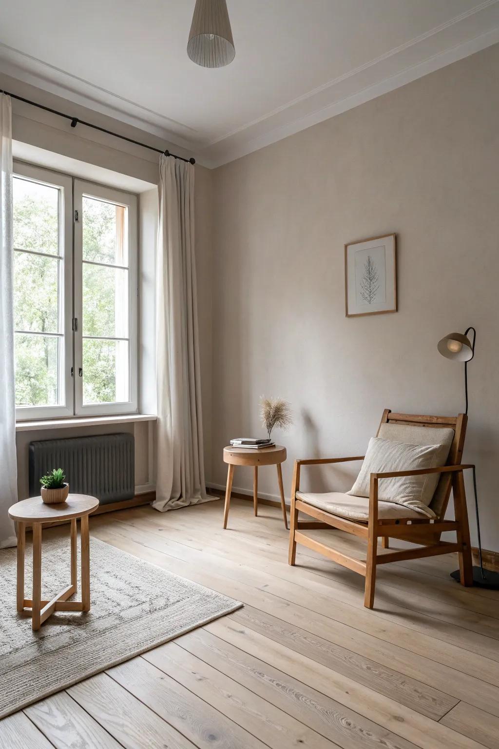 A minimalist space made better by the simplicity of pale timber flooring.