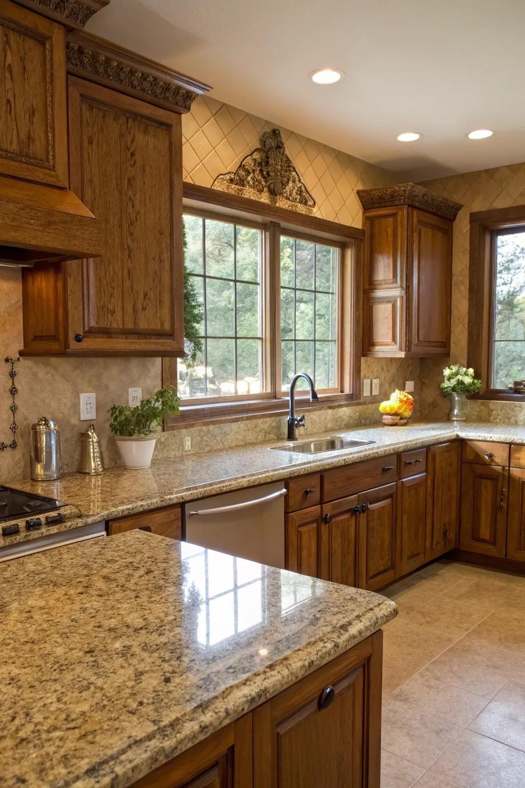Stone countertops add elegance to rustic wooden settings.