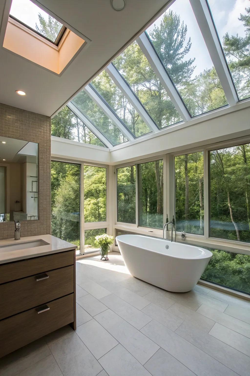 Sunlight streams into a modern primary bathroom.