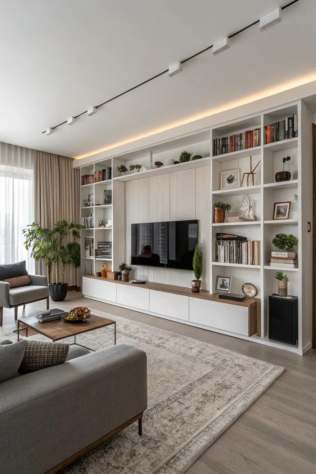 Integrated shelving metamorphoses a media wall into a practical and artistic exposition.