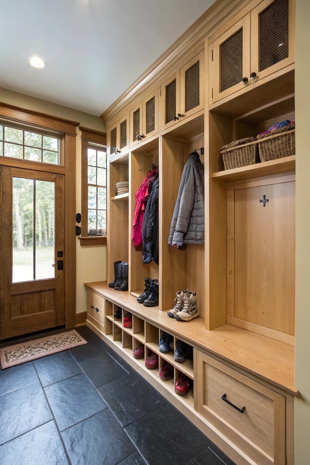 Bespoke cabinets and cubbies ensure your mudroom stays neat and systematized.