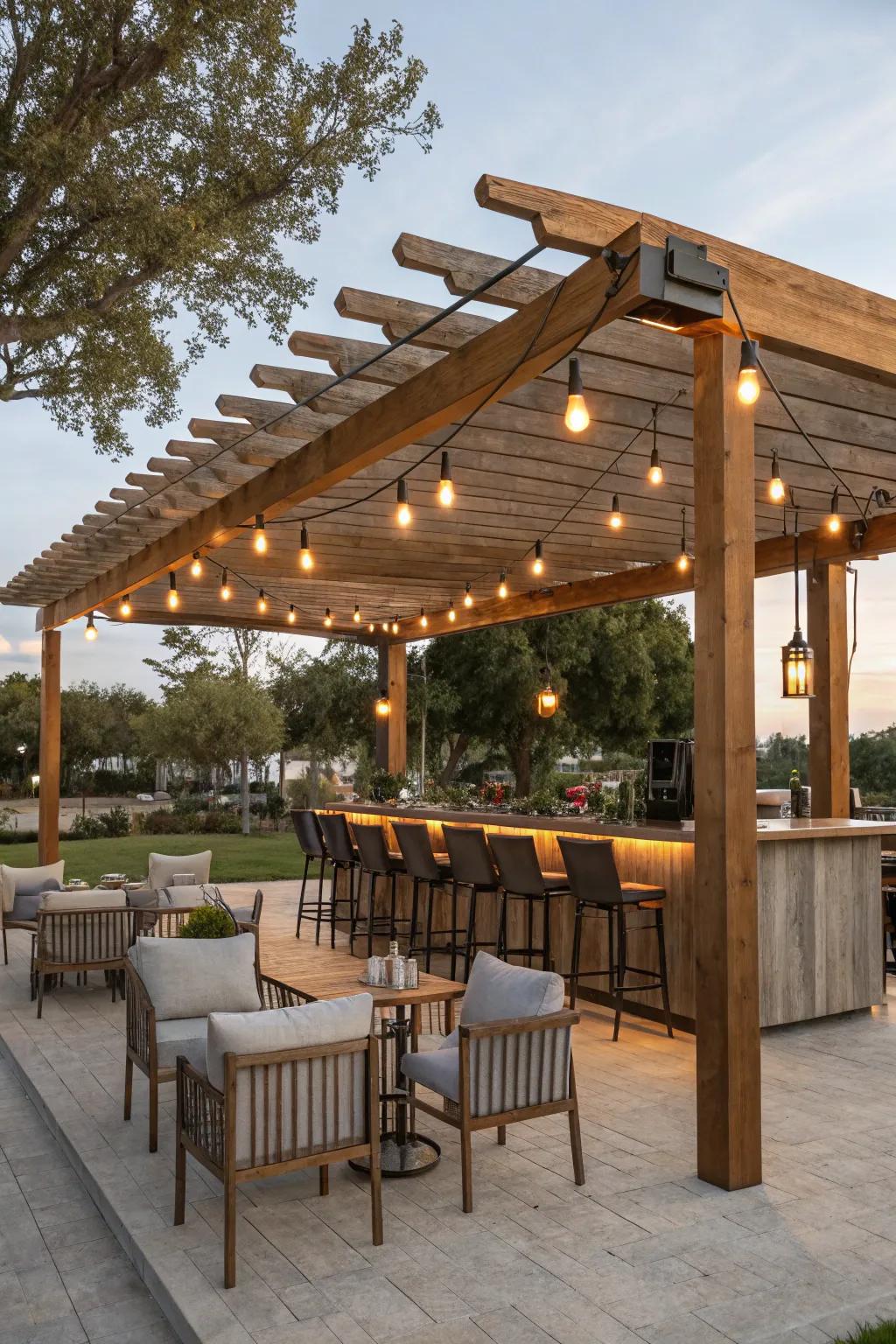 An enticing bar zone under a pergola, ideal for sunny days.