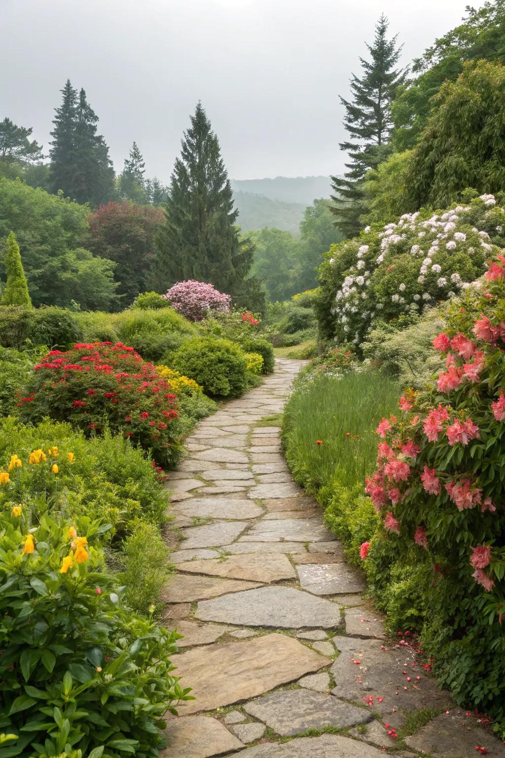 A tranquil garden path constructed from organic stone, complementing the surrounding plants.