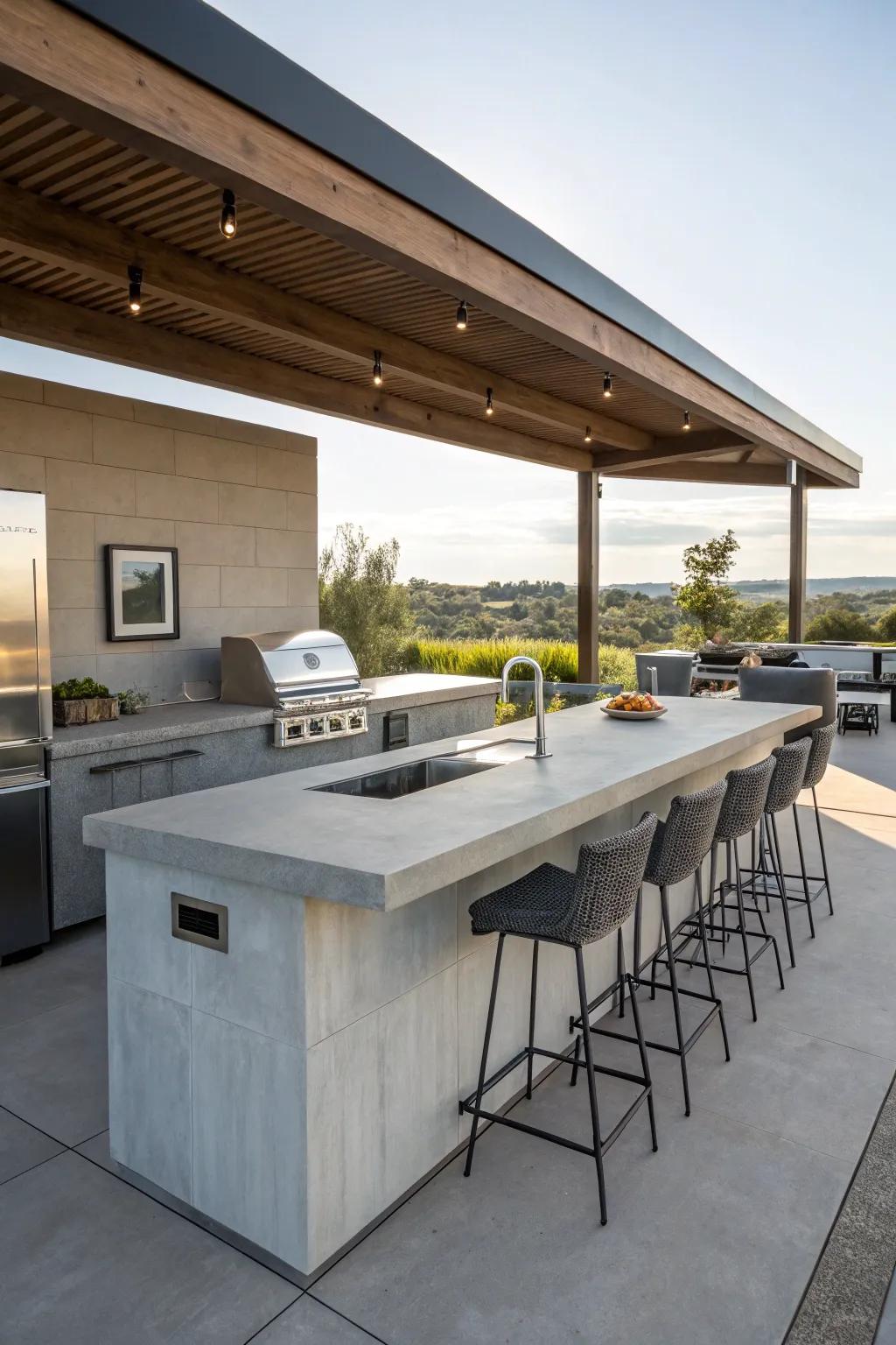 Substantial work surface for easy meal preparation and social events.
