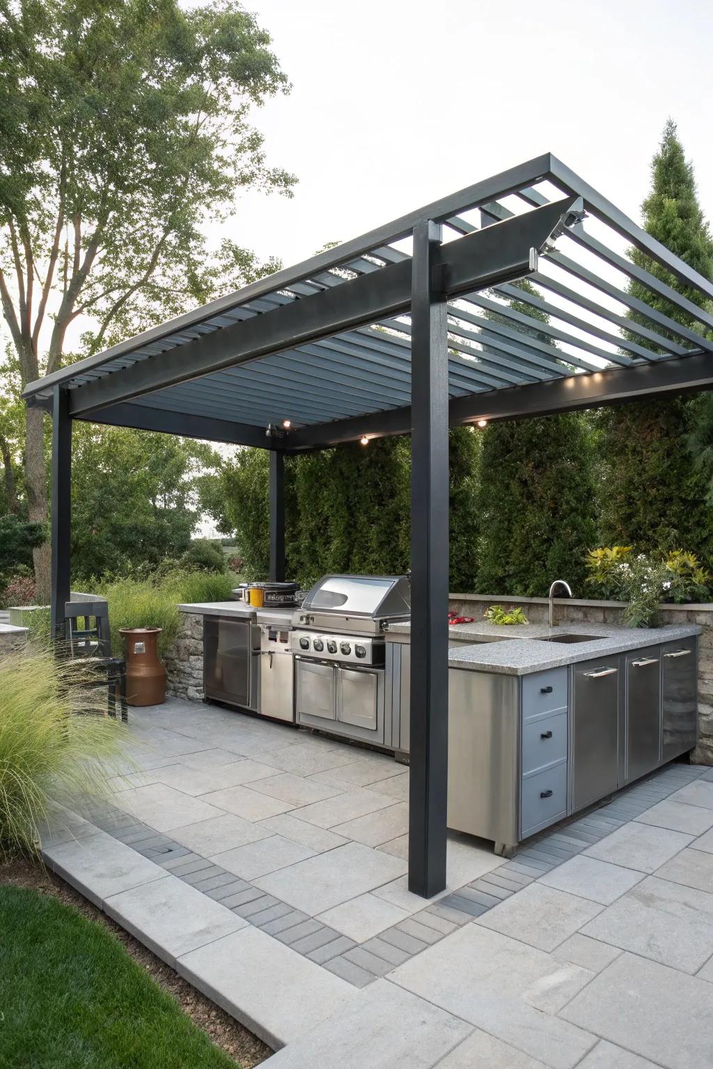 Modern metallic structure enhancing a trendy outdoor kitchen.