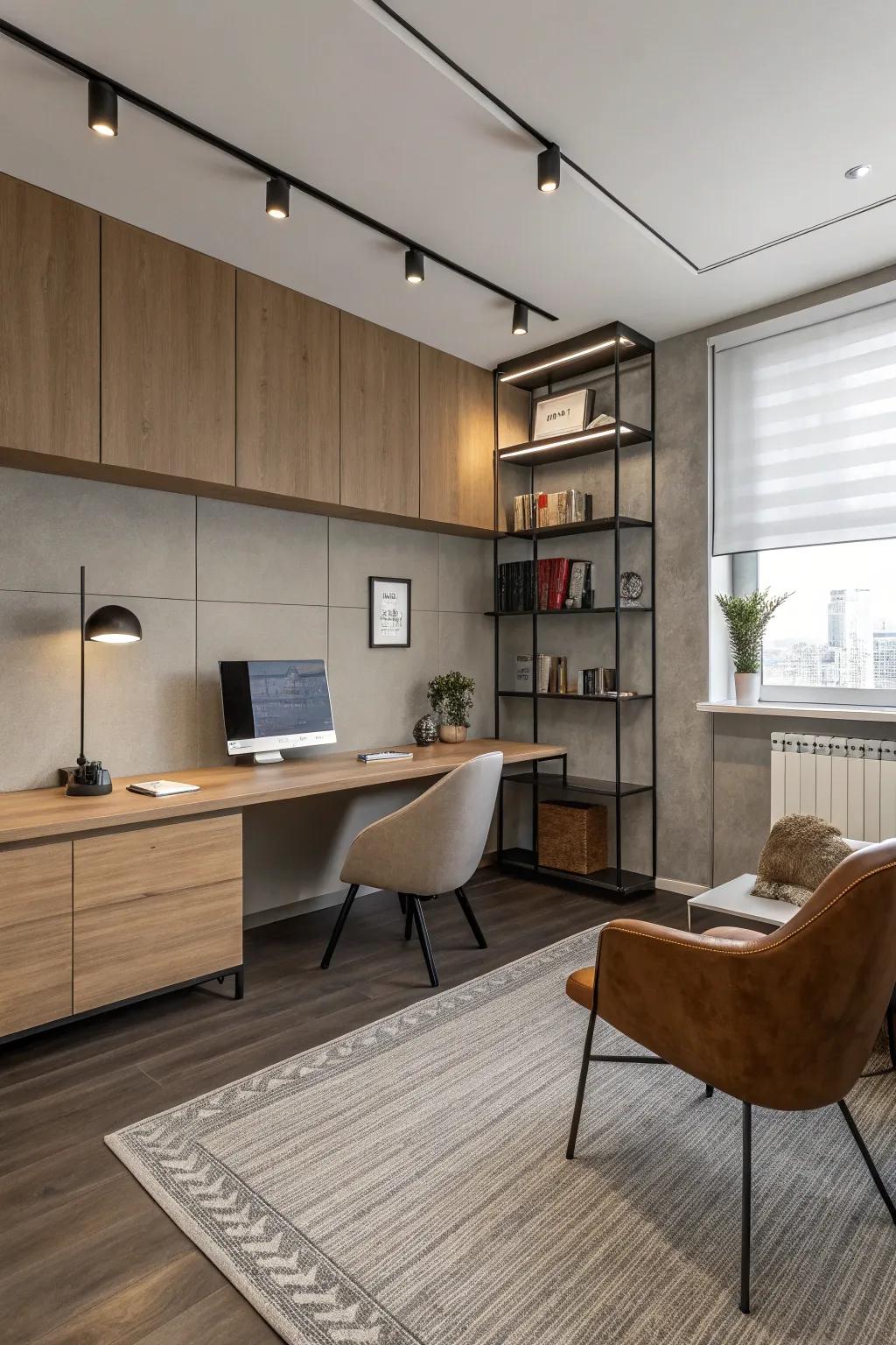 A subdued hue scheme makes certain a serene and comforting office atmosphere.