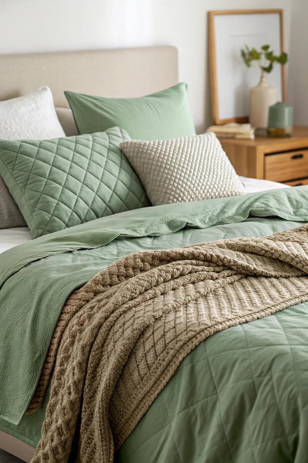 Avocado-toned bedding offers a harmonious and comfortable sanctuary.