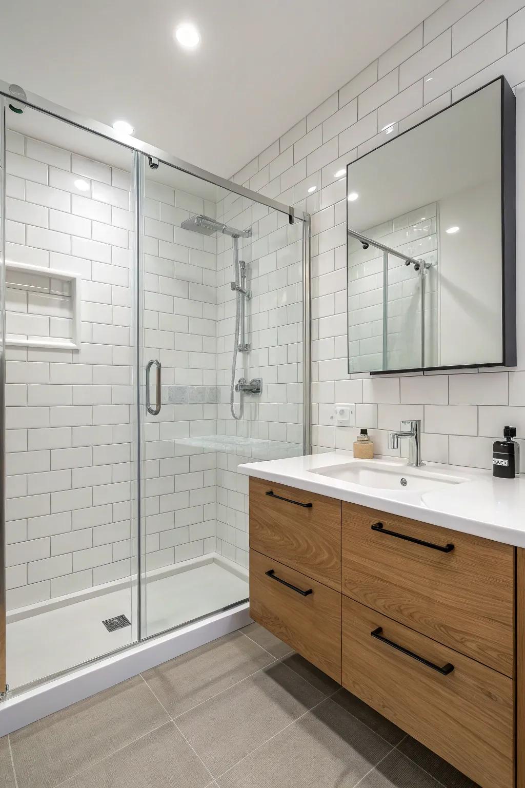 A simple bathing area presenting a smooth and basic shower layout.
