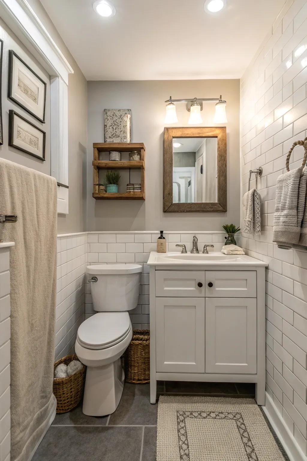 A compact bathroom showcasing a soothing neutral color scheme.