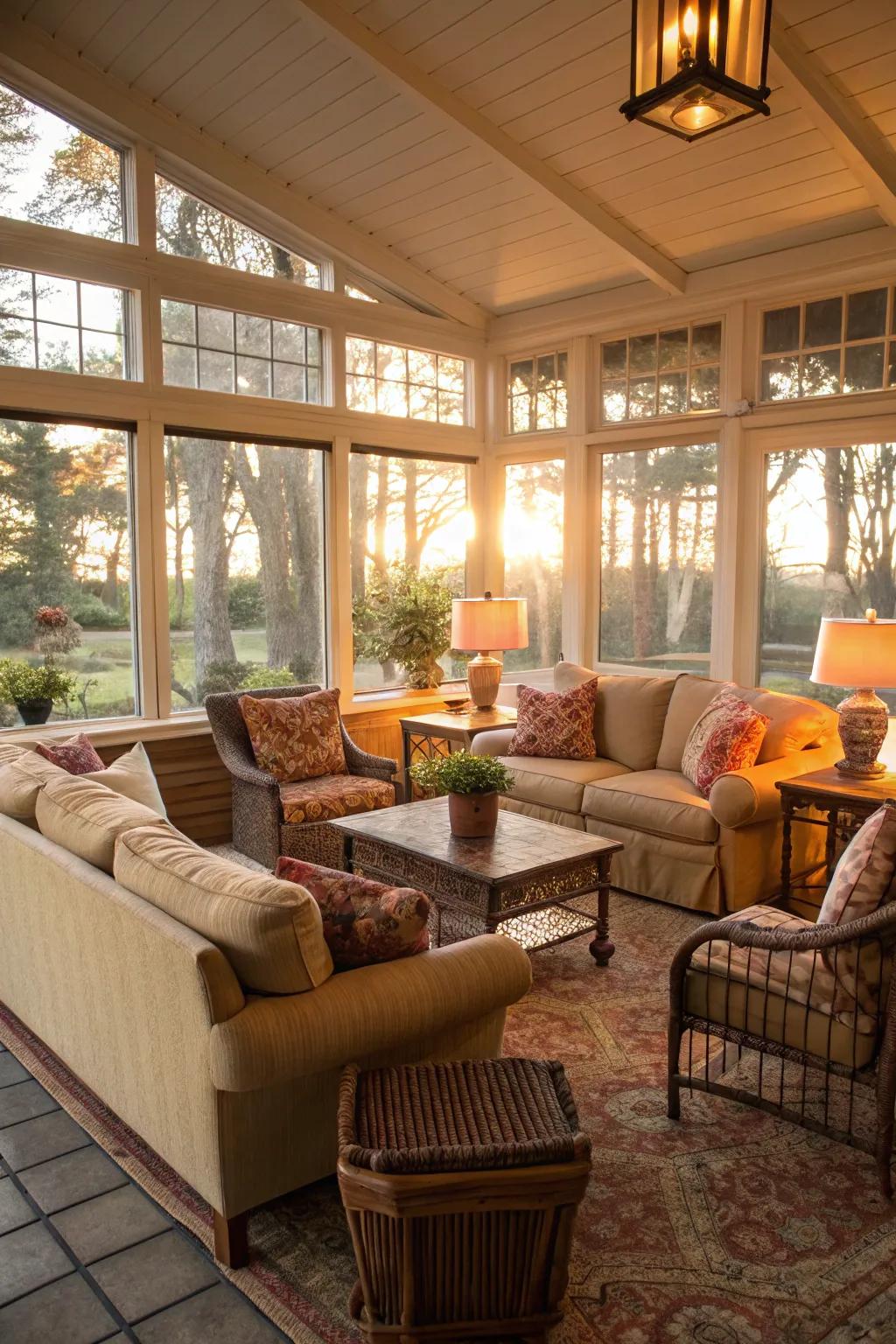 An inviting seating arrangement in a sunroom, perfect for leisurely afternoons.