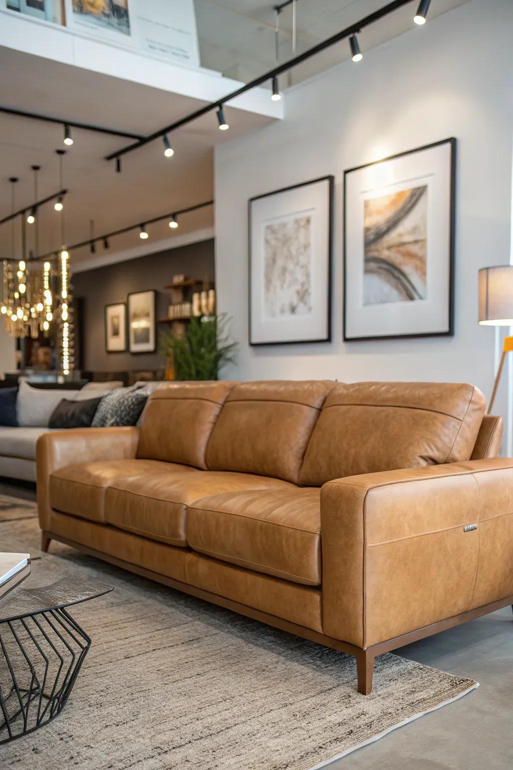 Modern artwork enhances vibrancy in a lounge area featuring a fawn hide couch.