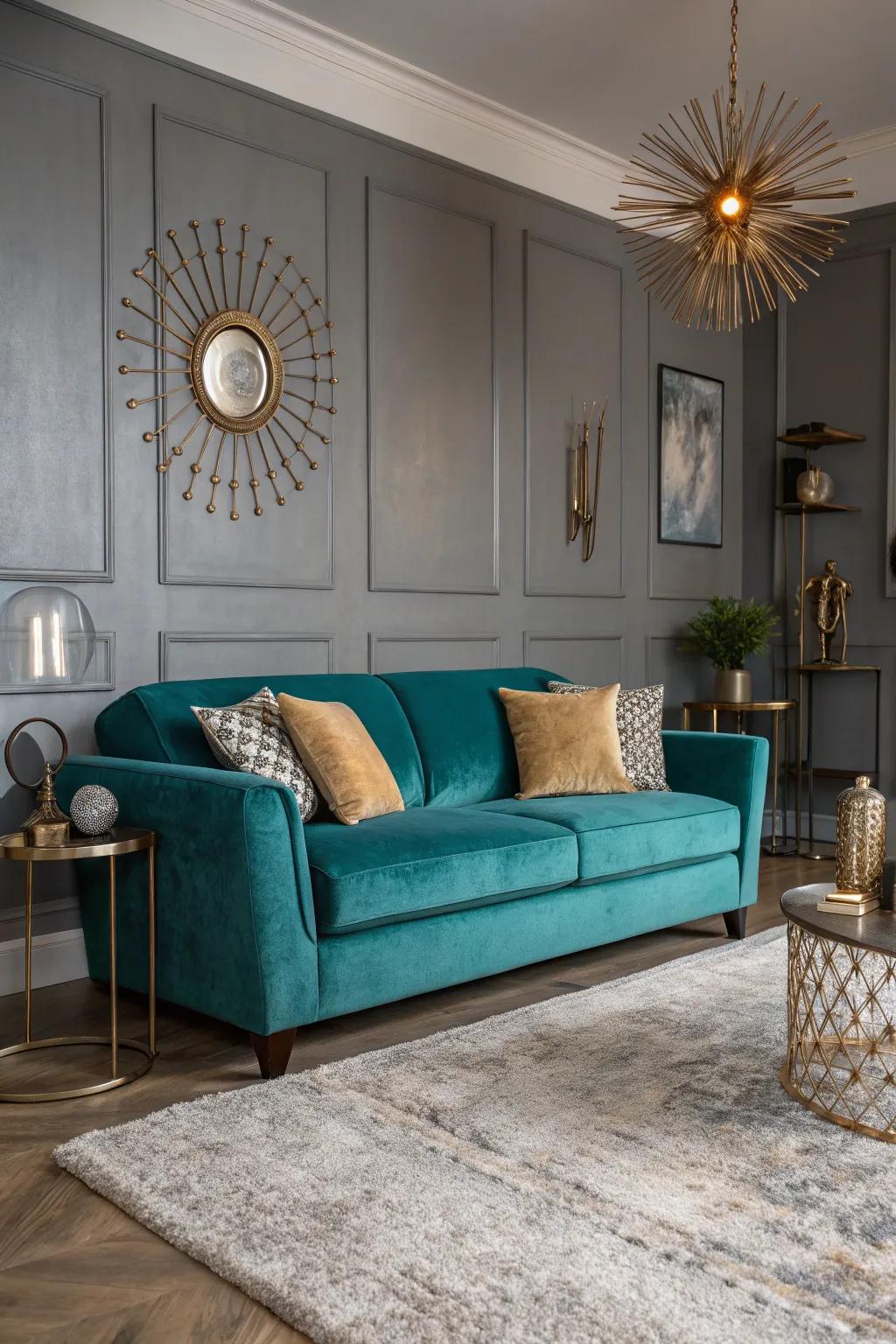 An aquamarine plush couch establishes a sumptuous magnetic point in an ash-themed family room.