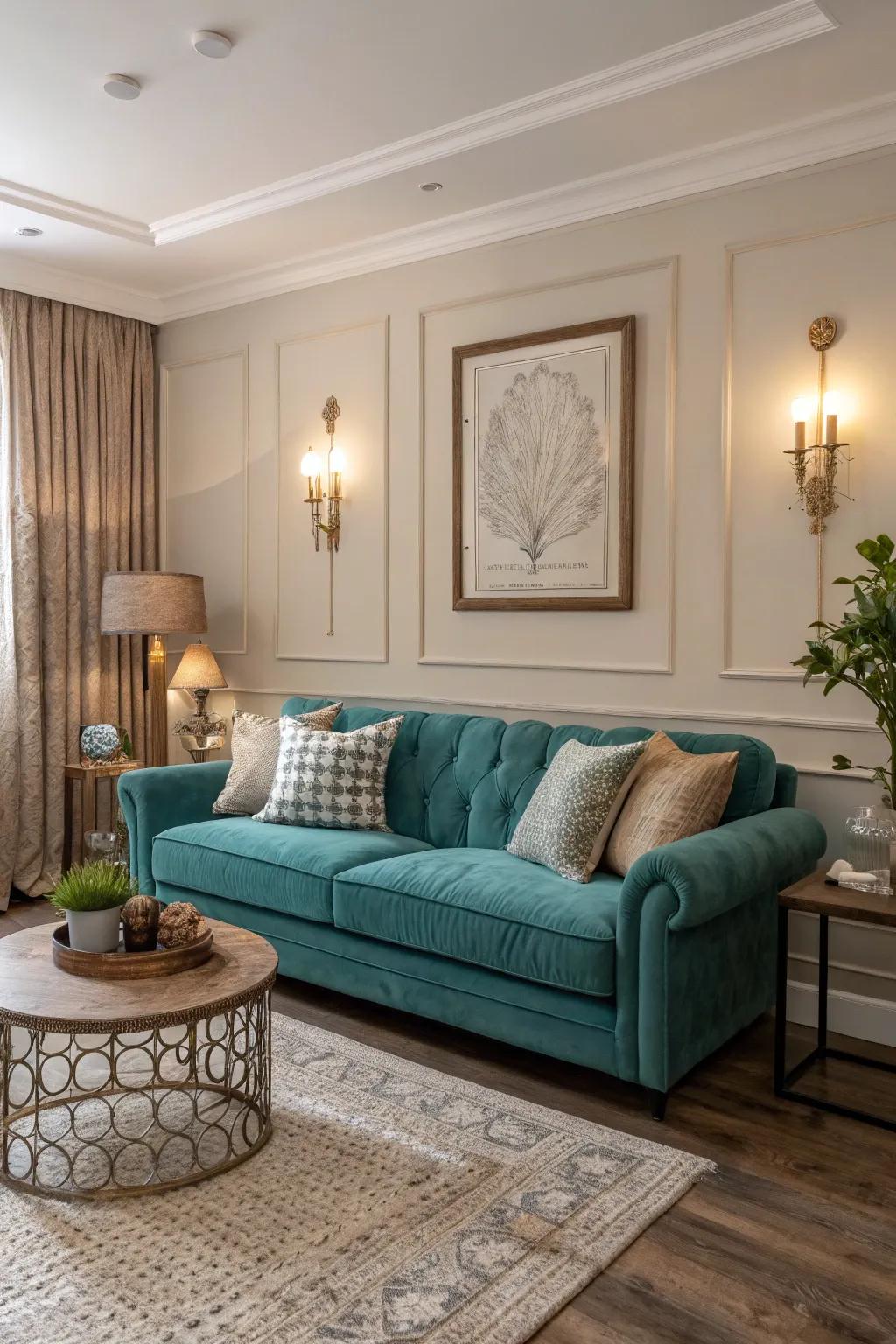 A deluxe Aquatic Green sectional acts as the focal attraction in this elegantly styled family room.