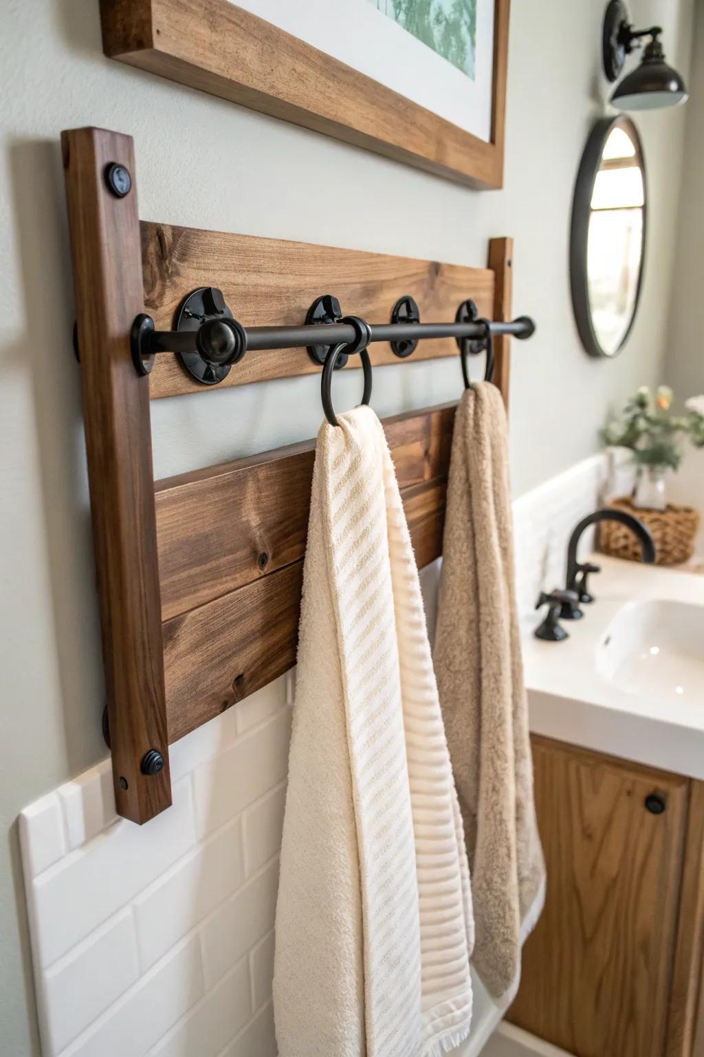 Timber meets metal in this stylish towel rack design.